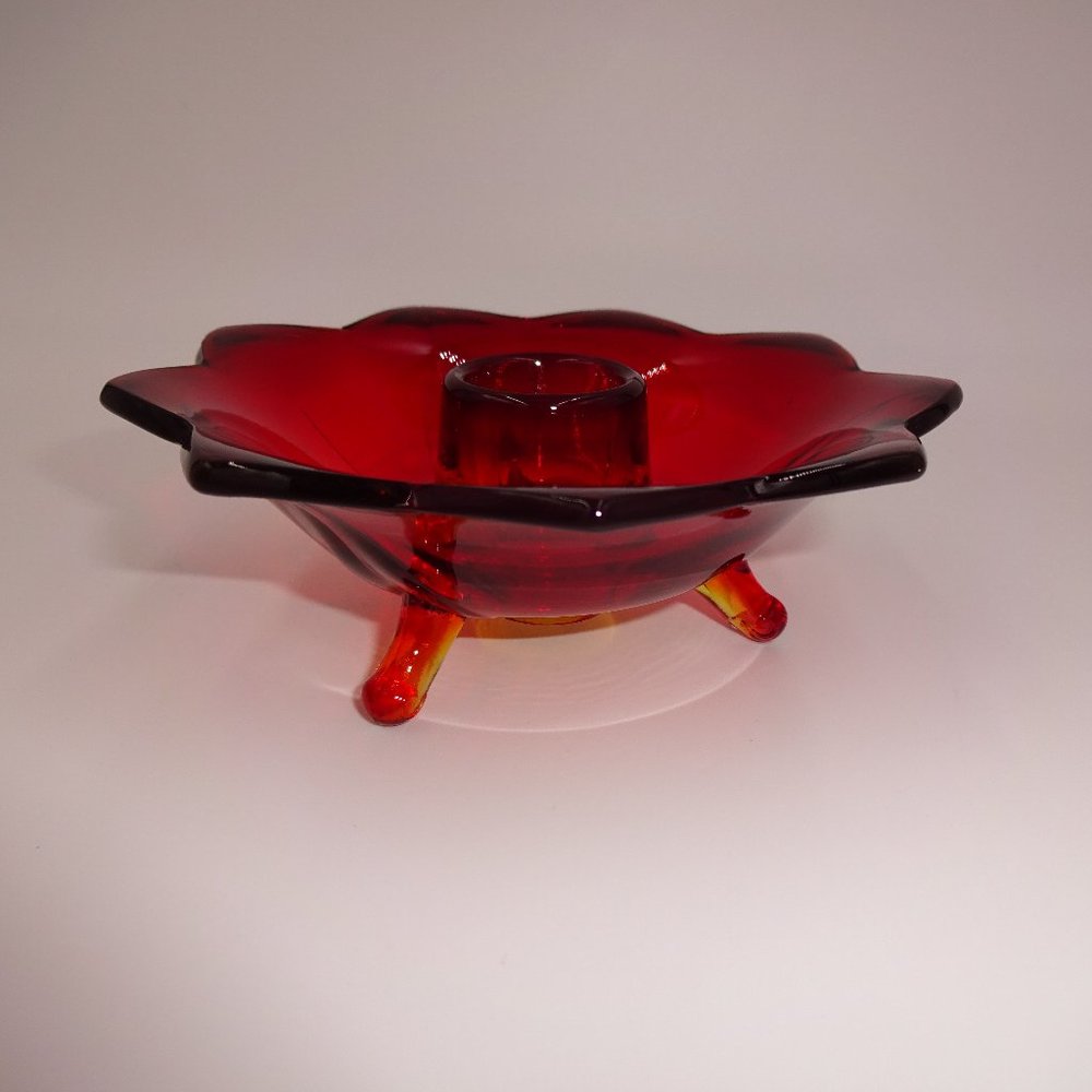 Vintage Fenton Ruby Red Glass 3-Toed Three-Toed Candle Candlestick Holder